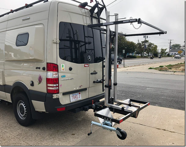 Sale good until 3/18/26 SAVE $300! Yakups® Model KR2B56 rack can be used with SWING ARMS on class B RV's or Truck Campers, Includes Bike Rack, Kayak stainless guards, & Drop down wheel. SEE VIDEO - Image 11