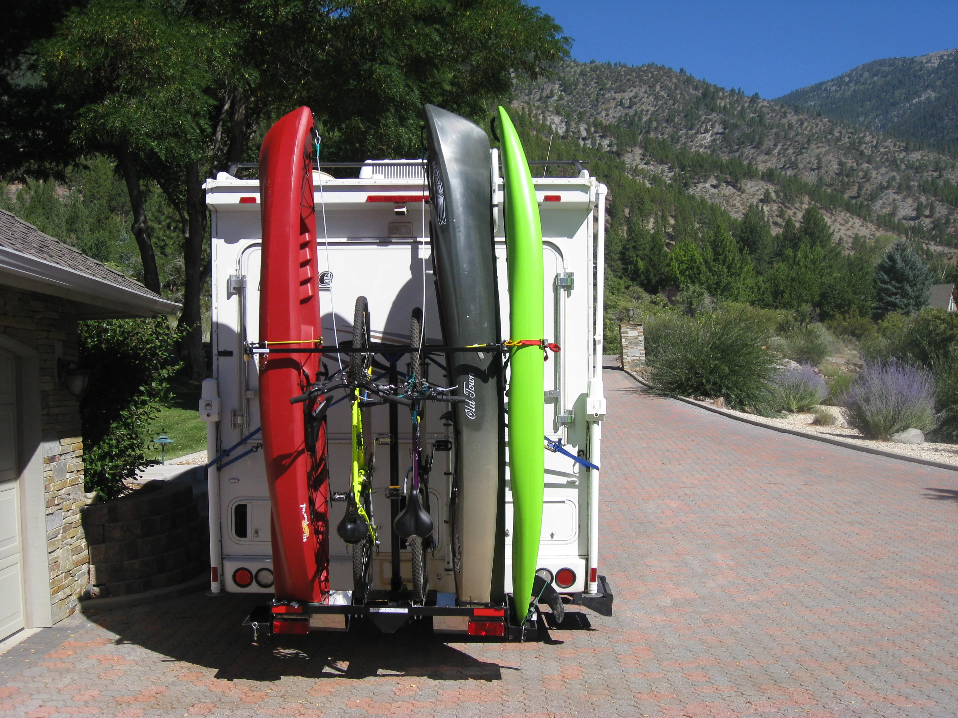 Sale good until 3/18/26 SAVE $300! Yakups® Model KR2B56 rack can be used with SWING ARMS on class B RV's or Truck Campers, Includes Bike Rack, Kayak stainless guards, & Drop down wheel. SEE VIDEO - Image 12