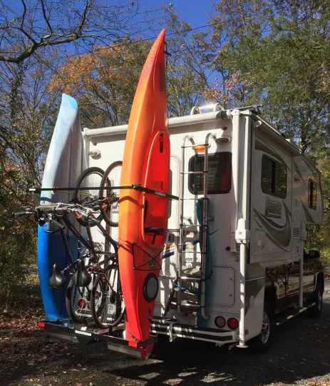 Sale good until 3/18/26 SAVE $300! Yakups® Model KR2B56 rack can be used with SWING ARMS on class B RV's or Truck Campers, Includes Bike Rack, Kayak stainless guards, & Drop down wheel. SEE VIDEO - Image 13