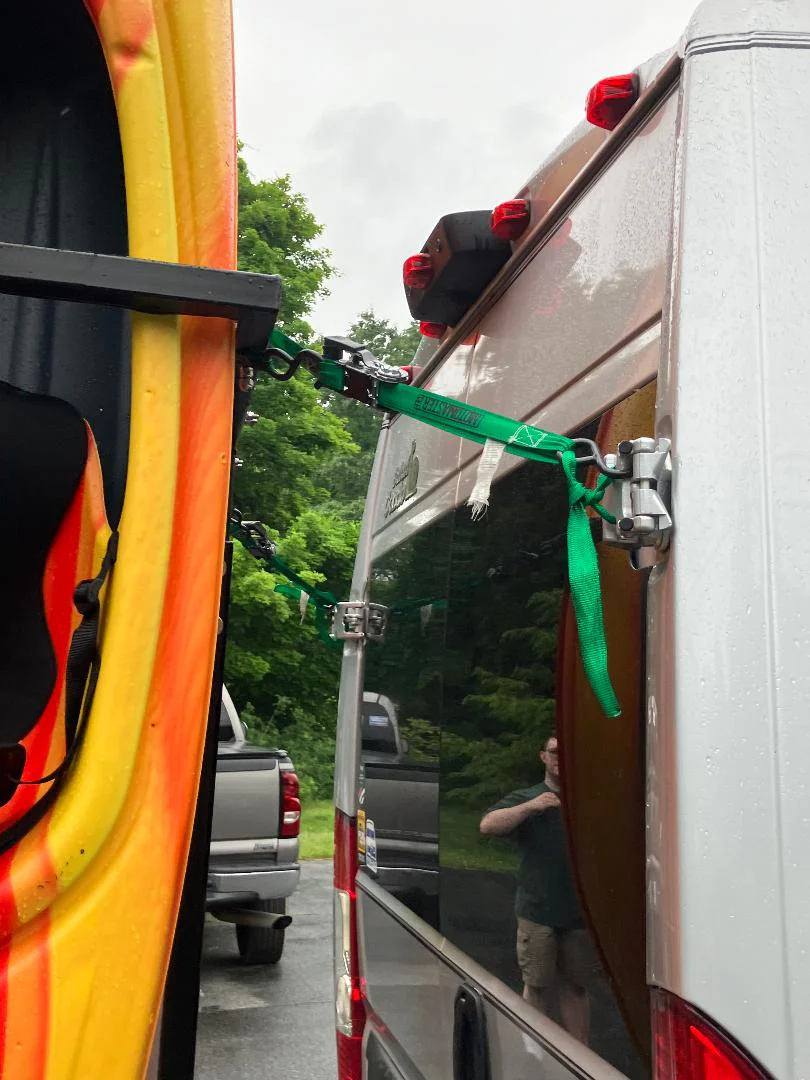 Sale good until 3/18/26 SAVE $300! Yakups® Model KR2B56 rack can be used with SWING ARMS on class B RV's or Truck Campers, Includes Bike Rack, Kayak stainless guards, & Drop down wheel. SEE VIDEO - Image 14