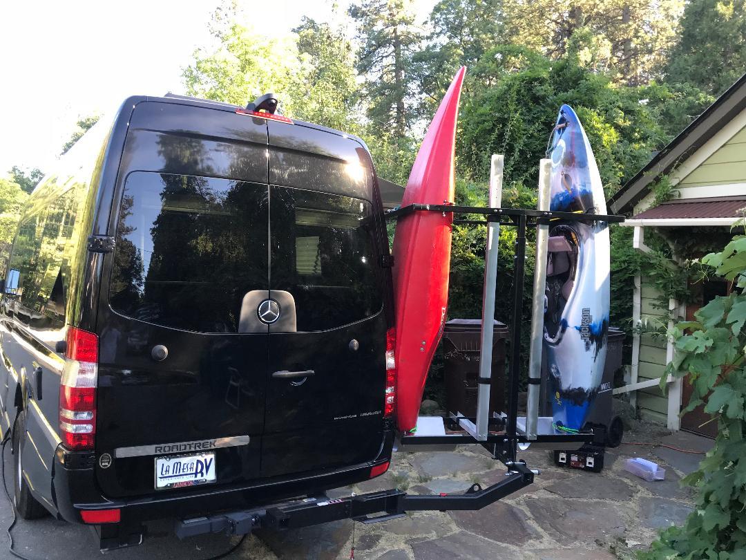 Sale good until 3/18/26 SAVE $300! Yakups® Model KR2B56 rack can be used with SWING ARMS on class B RV's or Truck Campers, Includes Bike Rack, Kayak stainless guards, & Drop down wheel. SEE VIDEO - Image 6